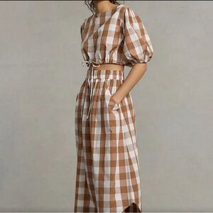 Anthropologie WHIT TWO Puff Sleeved Gingham Skirt Set